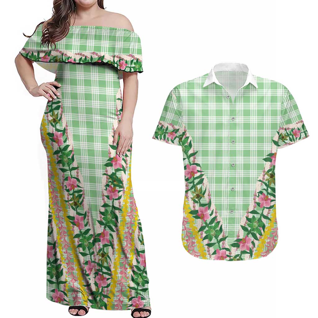 Hawaii Pikake Lokelani Plumeria Lei Couples Matching Off Shoulder Maxi Dress and Hawaiian Shirt Green Palaka Motifs