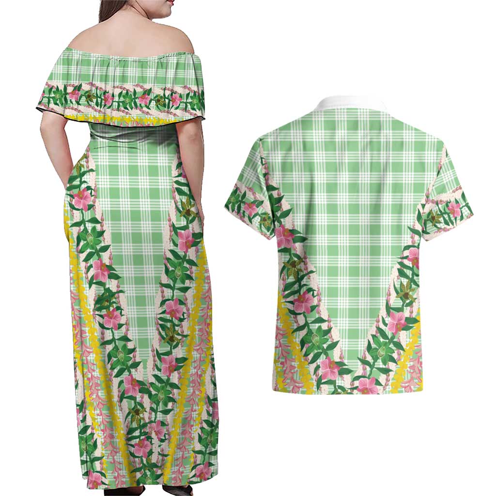 Hawaii Pikake Lokelani Plumeria Lei Couples Matching Off Shoulder Maxi Dress and Hawaiian Shirt Green Palaka Motifs