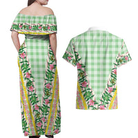 Hawaii Pikake Lokelani Plumeria Lei Couples Matching Off Shoulder Maxi Dress and Hawaiian Shirt Green Palaka Motifs