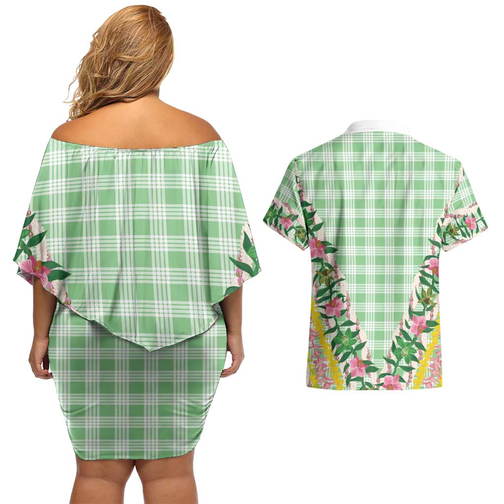 Hawaii Pikake Lokelani Plumeria Lei Couples Matching Off Shoulder Short Dress and Hawaiian Shirt Green Palaka Motifs