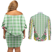 Hawaii Pikake Lokelani Plumeria Lei Couples Matching Off Shoulder Short Dress and Long Sleeve Button Shirt Green Palaka Motifs