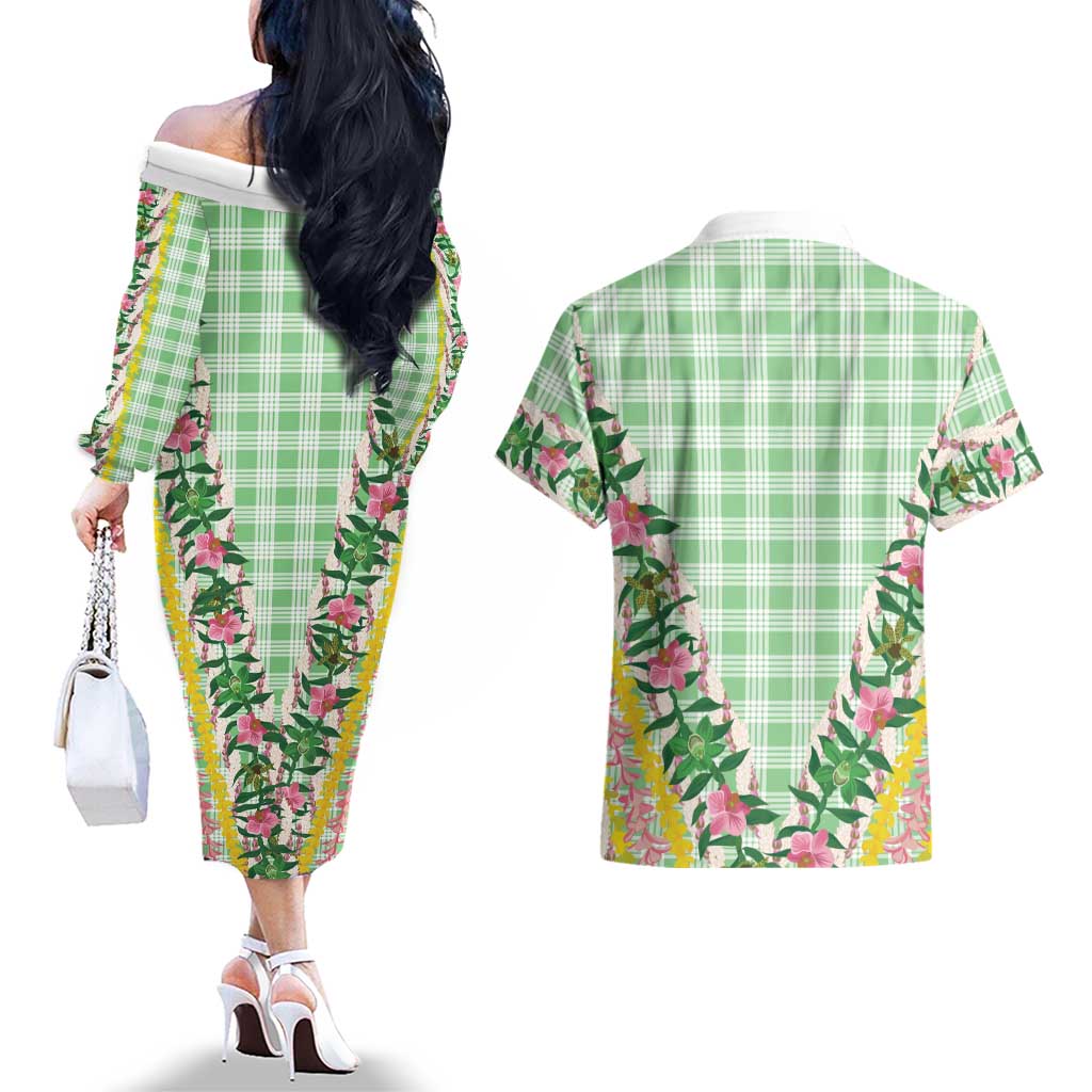 Hawaii Pikake Lokelani Plumeria Lei Couples Matching Off The Shoulder Long Sleeve Dress and Hawaiian Shirt Green Palaka Motifs