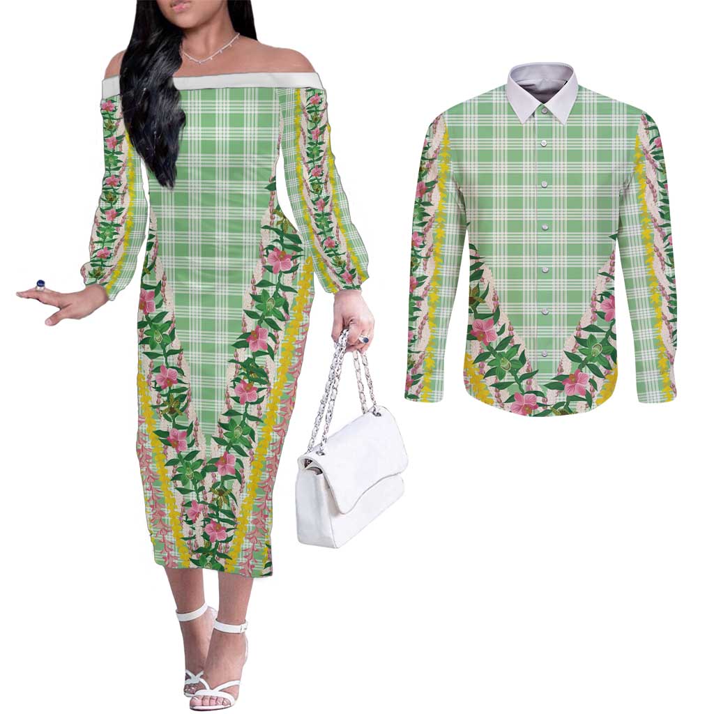 Hawaii Pikake Lokelani Plumeria Lei Couples Matching Off The Shoulder Long Sleeve Dress and Long Sleeve Button Shirt Green Palaka Motifs LT05 Green - Polynesian Pride