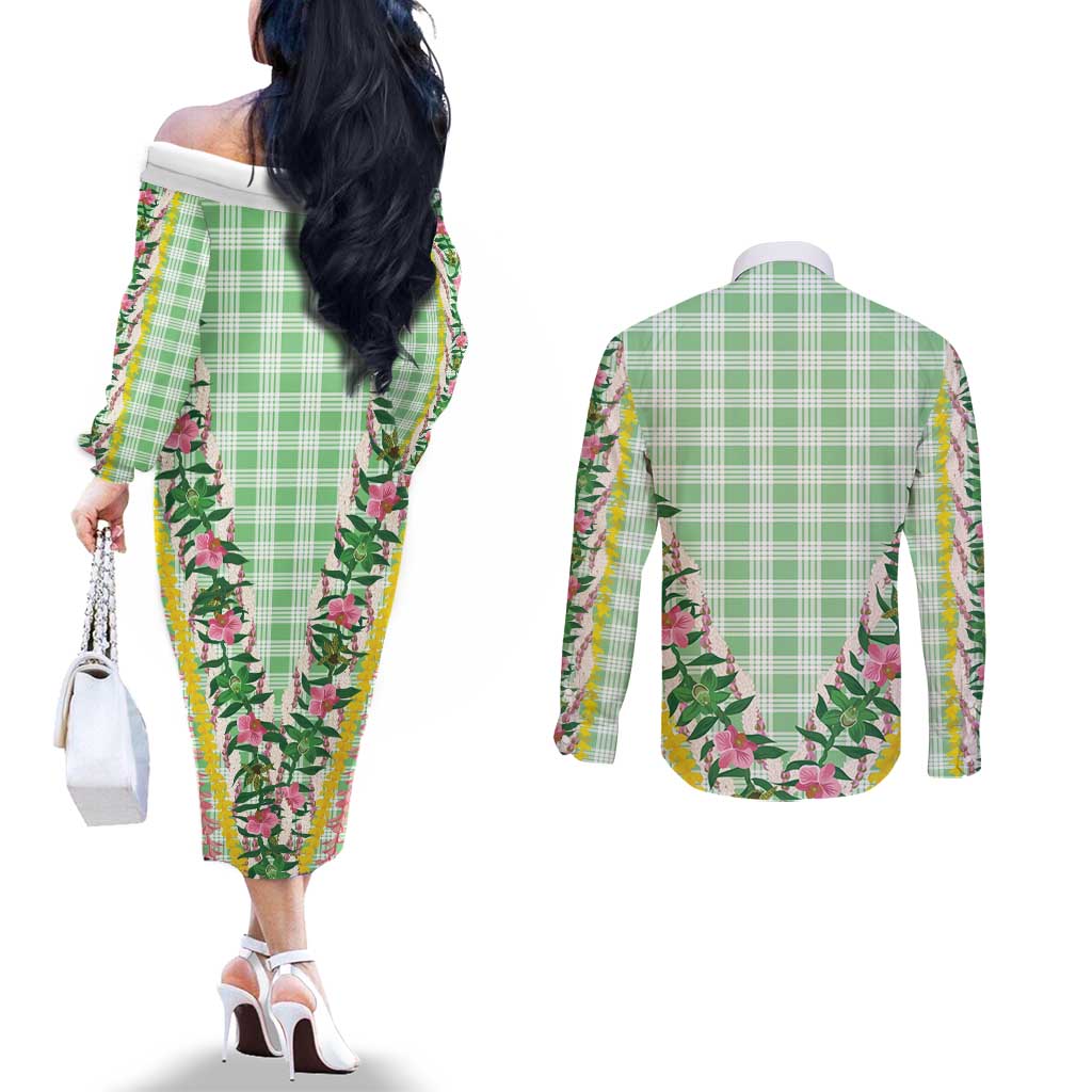 Hawaii Pikake Lokelani Plumeria Lei Couples Matching Off The Shoulder Long Sleeve Dress and Long Sleeve Button Shirt Green Palaka Motifs