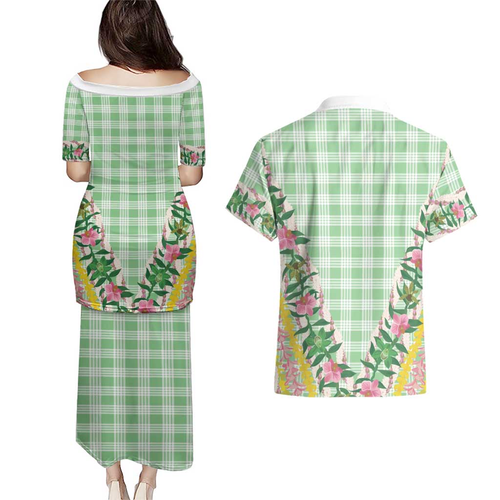 Hawaii Pikake Lokelani Plumeria Lei Couples Matching Puletasi and Hawaiian Shirt Green Palaka Motifs