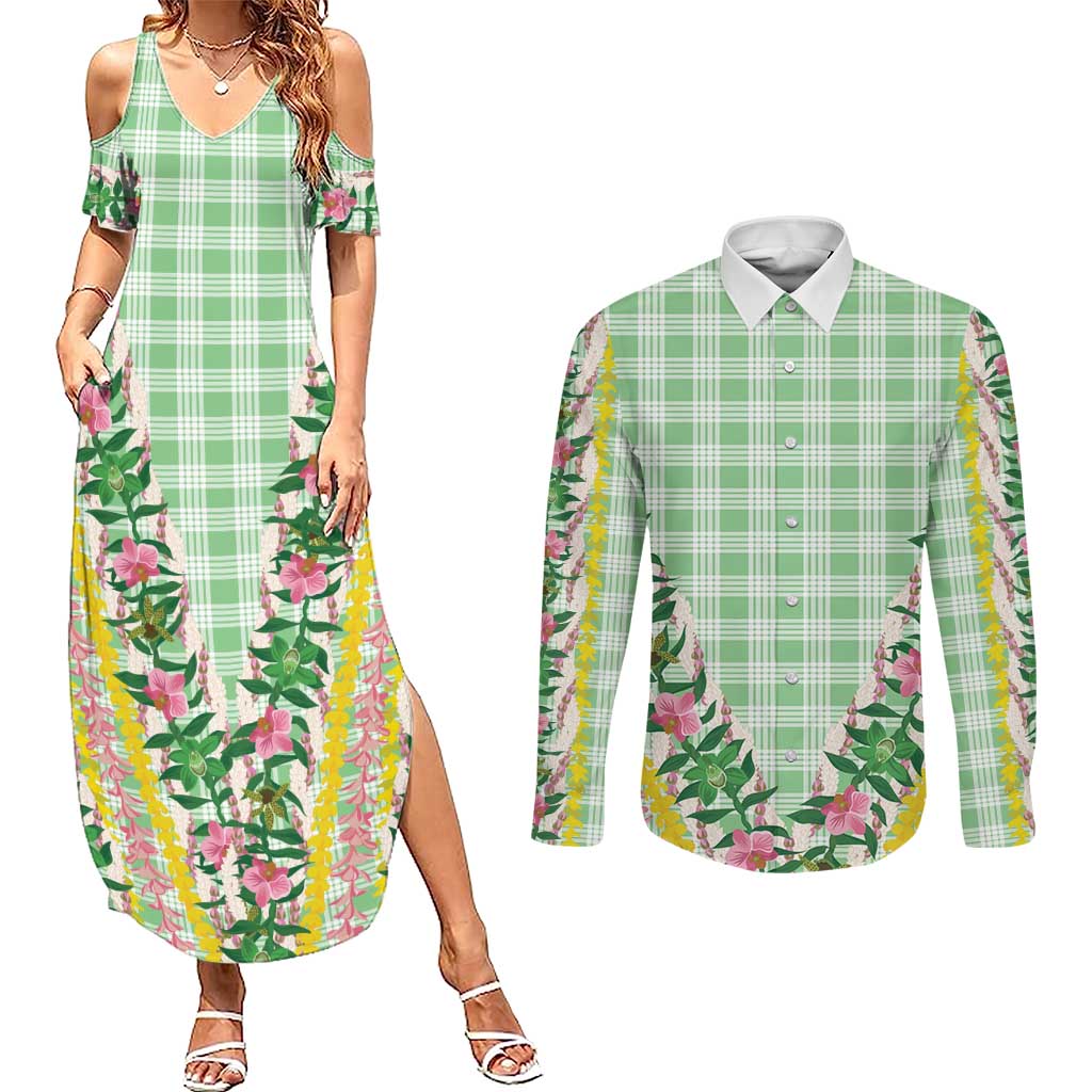 Hawaii Pikake Lokelani Plumeria Lei Couples Matching Summer Maxi Dress and Long Sleeve Button Shirt Green Palaka Motifs LT05 Green - Polynesian Pride