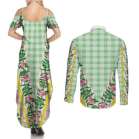 Hawaii Pikake Lokelani Plumeria Lei Couples Matching Summer Maxi Dress and Long Sleeve Button Shirt Green Palaka Motifs