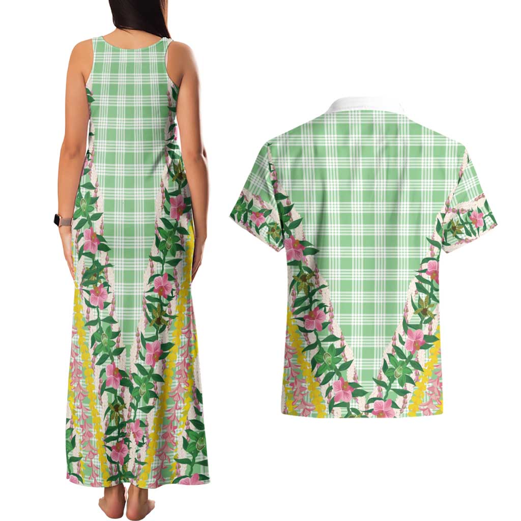 Hawaii Pikake Lokelani Plumeria Lei Couples Matching Tank Maxi Dress and Hawaiian Shirt Green Palaka Motifs