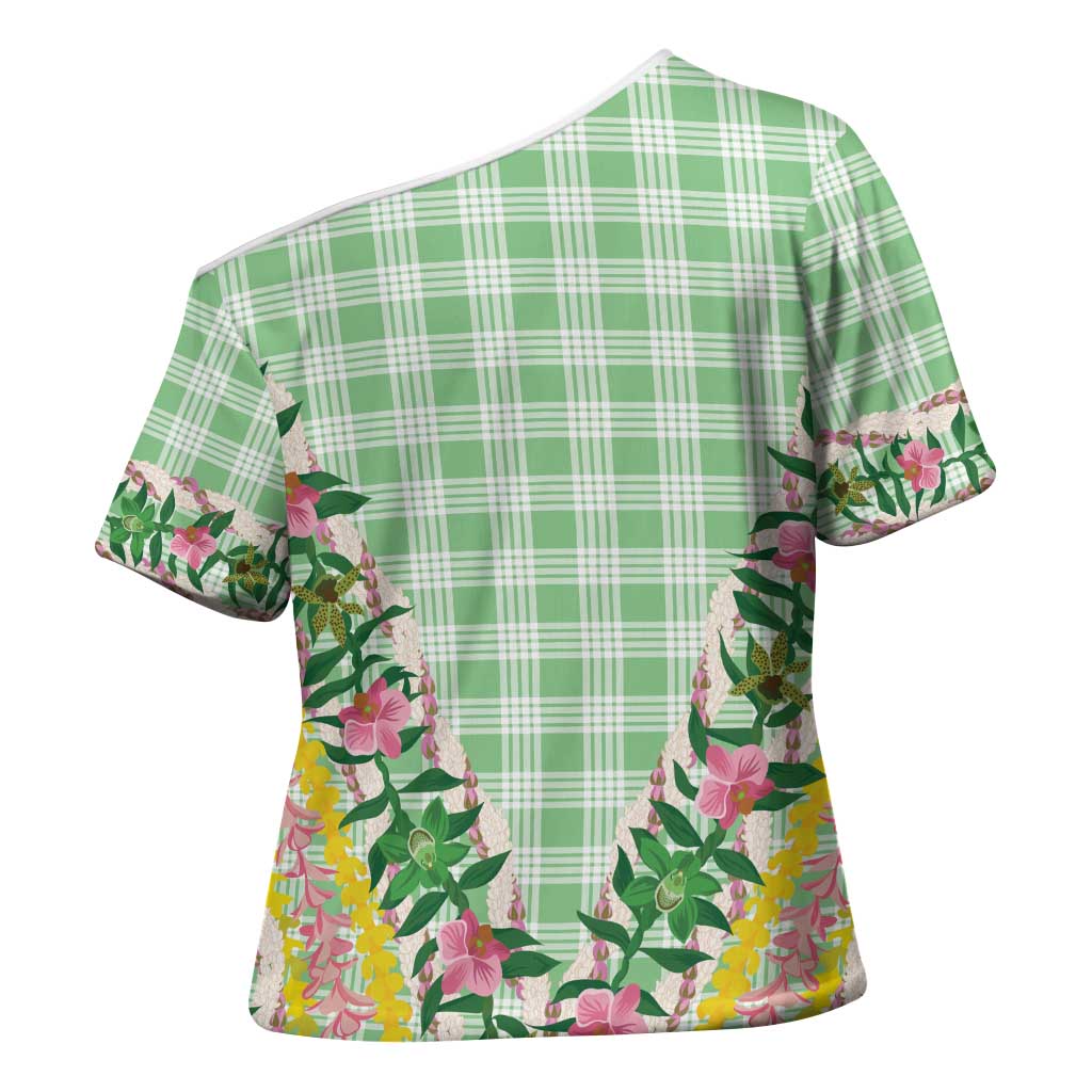 Hawaii Pikake Lokelani Plumeria Lei Cross Shoulder Shirt Green Palaka Motifs LT05 - Polynesian Pride