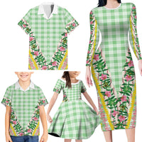 Hawaii Pikake Lokelani Plumeria Lei Family Matching Long Sleeve Bodycon Dress and Hawaiian Shirt Green Palaka Motifs