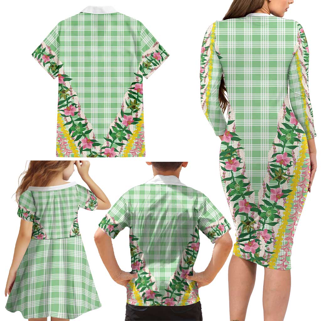 Hawaii Pikake Lokelani Plumeria Lei Family Matching Long Sleeve Bodycon Dress and Hawaiian Shirt Green Palaka Motifs