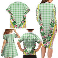 Hawaii Pikake Lokelani Plumeria Lei Family Matching Long Sleeve Bodycon Dress and Hawaiian Shirt Green Palaka Motifs