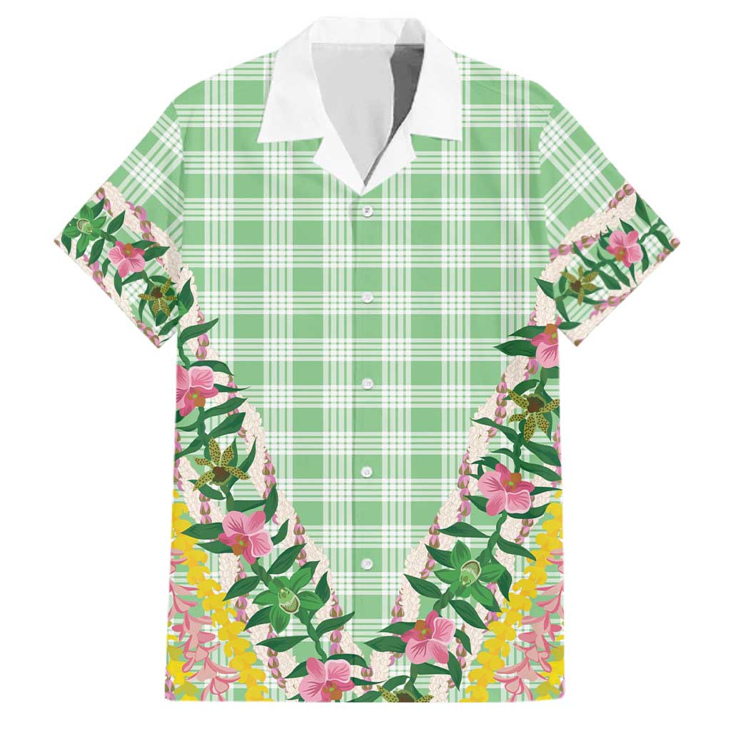 Hawaii Pikake Lokelani Plumeria Lei Family Matching Long Sleeve Bodycon Dress and Hawaiian Shirt Green Palaka Motifs