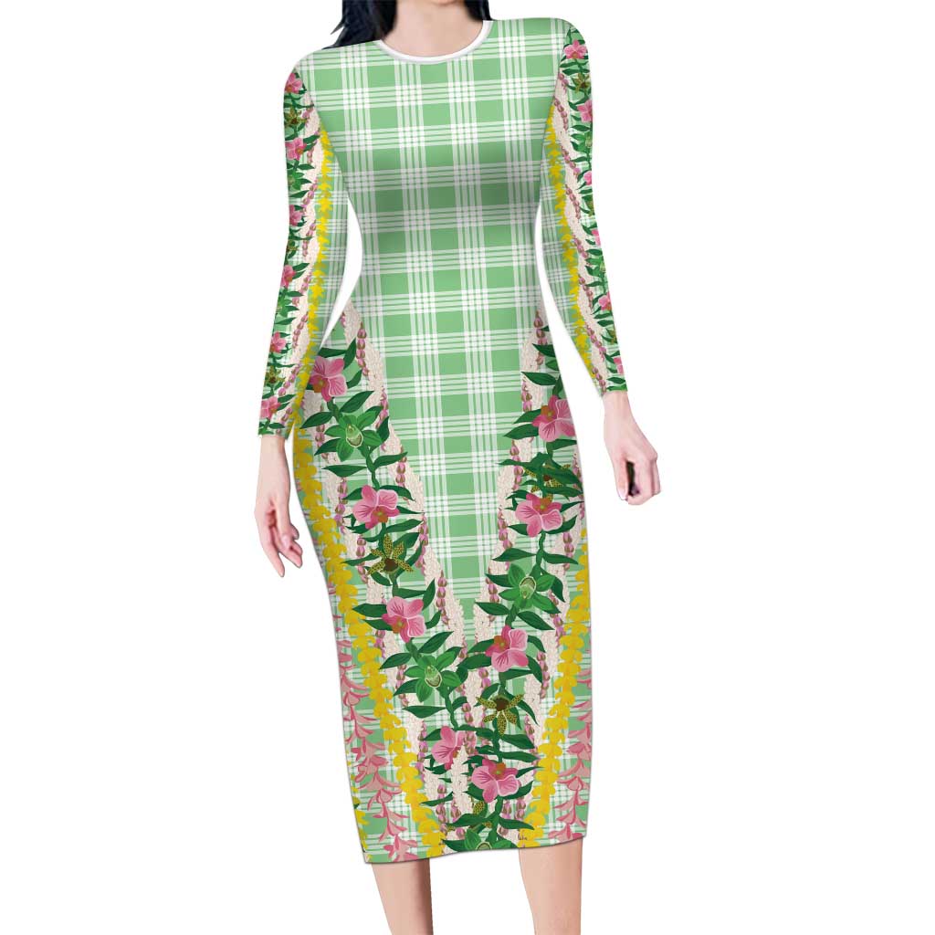 Hawaii Pikake Lokelani Plumeria Lei Family Matching Long Sleeve Bodycon Dress and Hawaiian Shirt Green Palaka Motifs