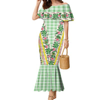 Hawaii Pikake Lokelani Plumeria Lei Family Matching Mermaid Dress and Hawaiian Shirt Green Palaka Motifs