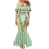 Hawaii Pikake Lokelani Plumeria Lei Family Matching Mermaid Dress and Hawaiian Shirt Green Palaka Motifs