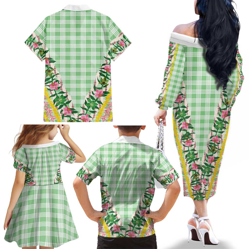 Hawaii Pikake Lokelani Plumeria Lei Family Matching Off The Shoulder Long Sleeve Dress and Hawaiian Shirt Green Palaka Motifs
