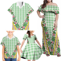 Hawaii Pikake Lokelani Plumeria Lei Family Matching Off Shoulder Maxi Dress and Hawaiian Shirt Green Palaka Motifs