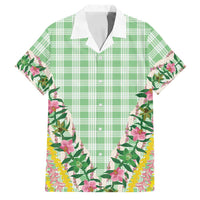 Hawaii Pikake Lokelani Plumeria Lei Family Matching Off Shoulder Maxi Dress and Hawaiian Shirt Green Palaka Motifs