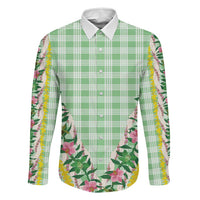 Hawaii Pikake Lokelani Plumeria Lei Family Matching Off Shoulder Maxi Dress and Hawaiian Shirt Green Palaka Motifs