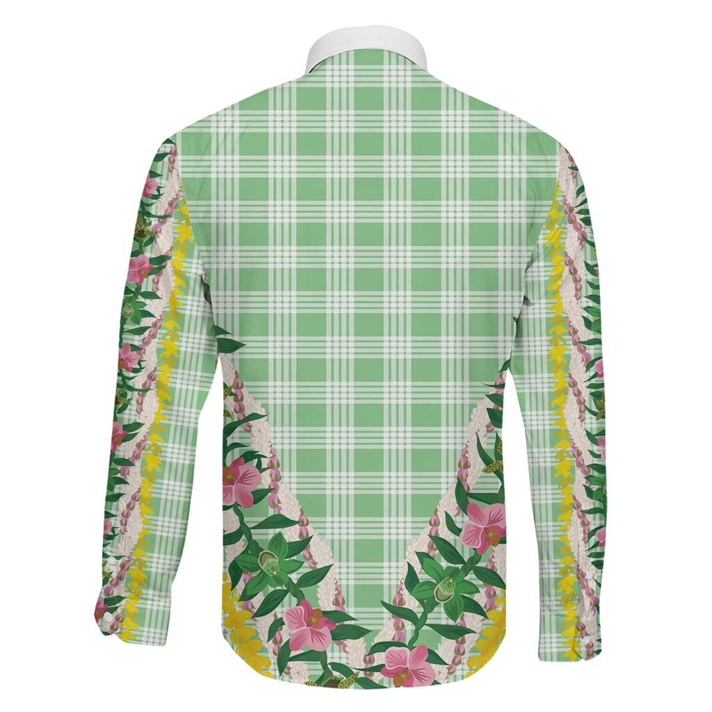 Hawaii Pikake Lokelani Plumeria Lei Family Matching Off Shoulder Maxi Dress and Hawaiian Shirt Green Palaka Motifs