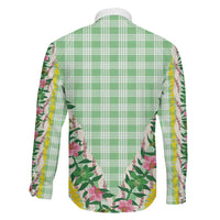 Hawaii Pikake Lokelani Plumeria Lei Family Matching Off Shoulder Maxi Dress and Hawaiian Shirt Green Palaka Motifs