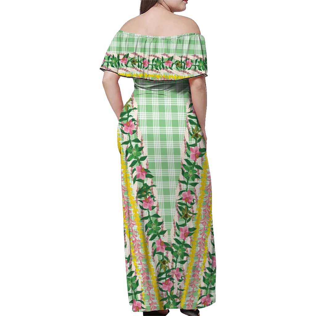 Hawaii Pikake Lokelani Plumeria Lei Family Matching Off Shoulder Maxi Dress and Hawaiian Shirt Green Palaka Motifs