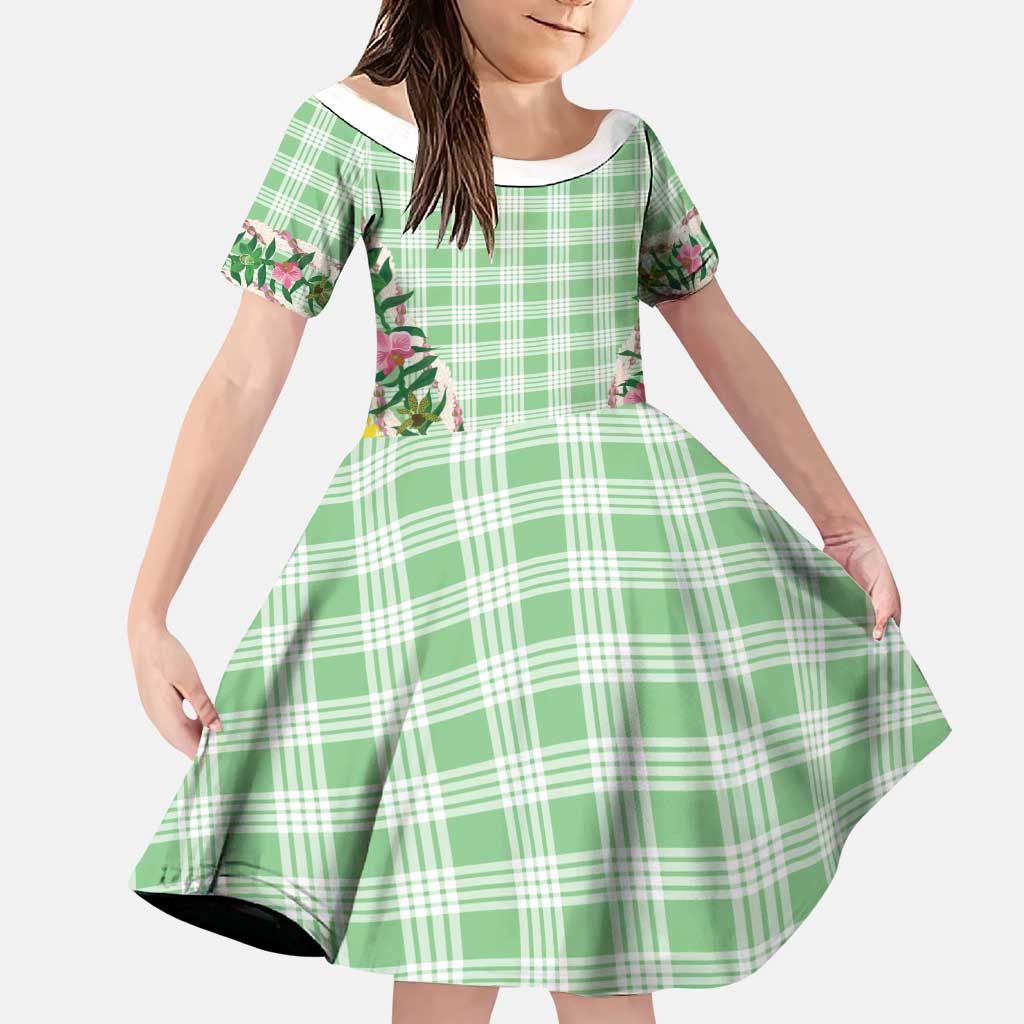 Hawaii Pikake Lokelani Plumeria Lei Family Matching Off Shoulder Short Dress and Hawaiian Shirt Green Palaka Motifs