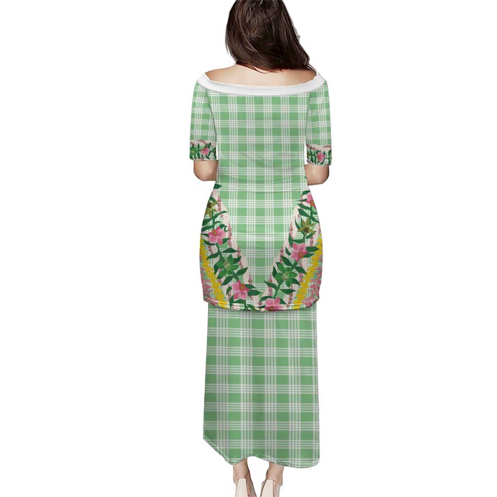 Hawaii Pikake Lokelani Plumeria Lei Family Matching Puletasi and Hawaiian Shirt Green Palaka Motifs