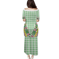 Hawaii Pikake Lokelani Plumeria Lei Family Matching Puletasi and Hawaiian Shirt Green Palaka Motifs