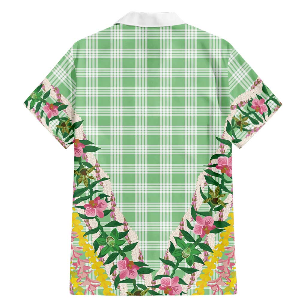 Hawaii Pikake Lokelani Plumeria Lei Family Matching Short Sleeve Bodycon Dress and Hawaiian Shirt Green Palaka Motifs