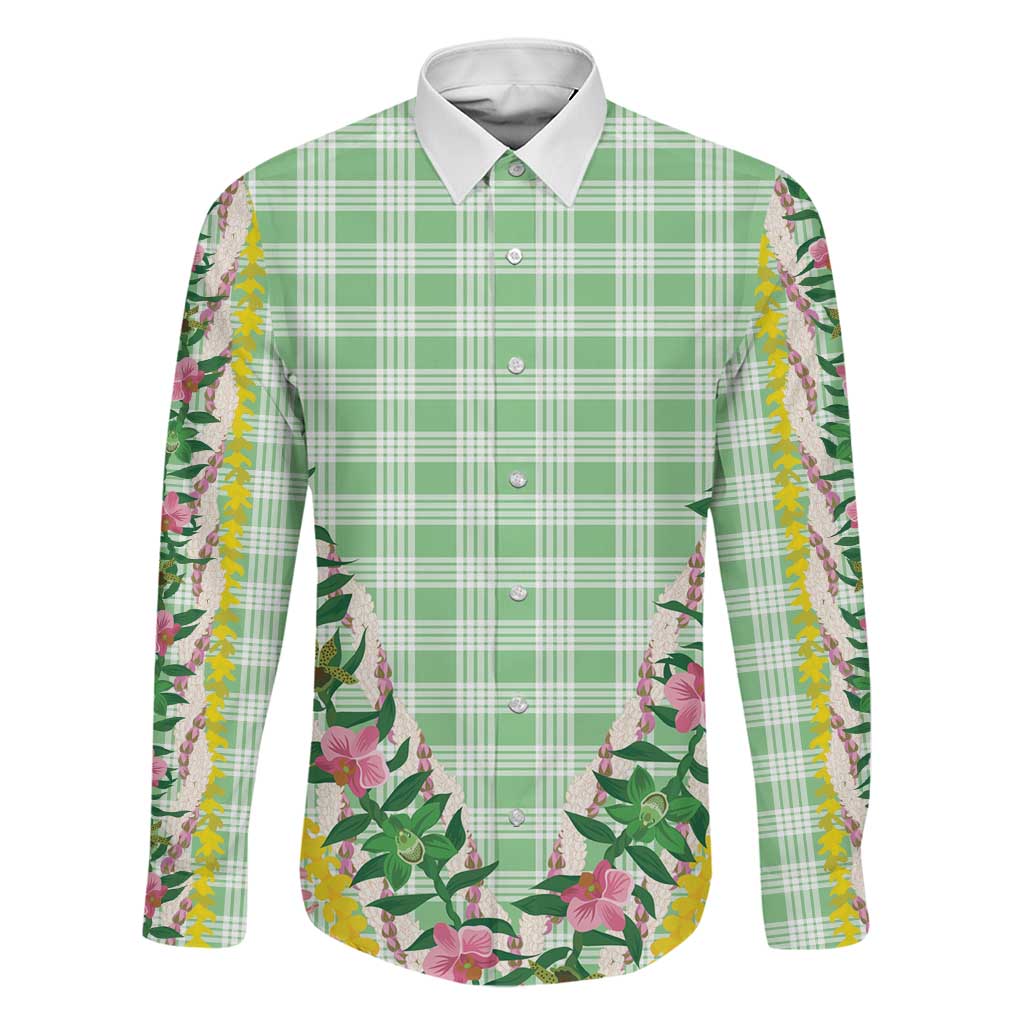 Hawaii Pikake Lokelani Plumeria Lei Family Matching Short Sleeve Bodycon Dress and Hawaiian Shirt Green Palaka Motifs