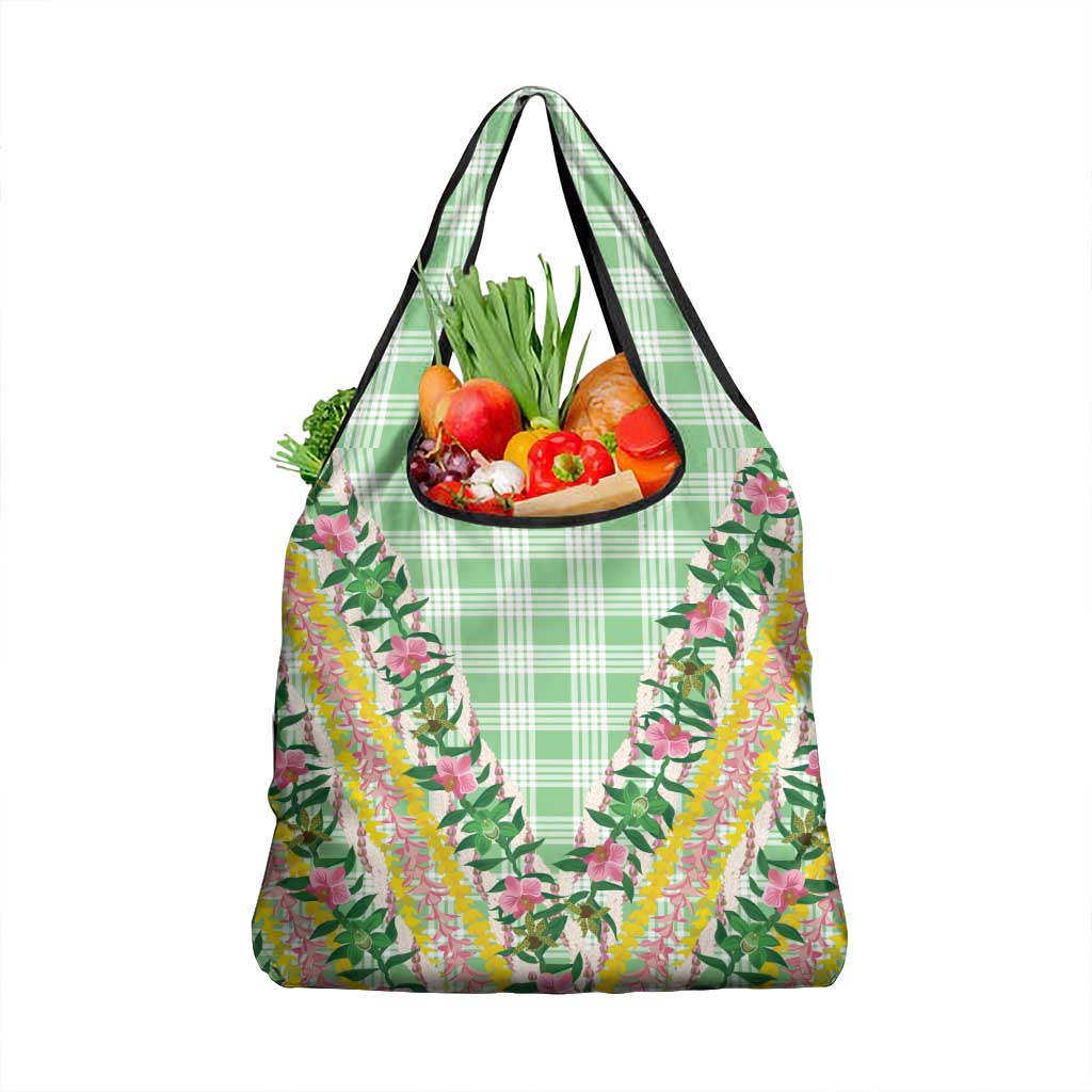 Hawaii Pikake Lokelani Plumeria Lei Grocery Bag Green Palaka Motifs LT05 1-pack One Size Green - Polynesian Pride