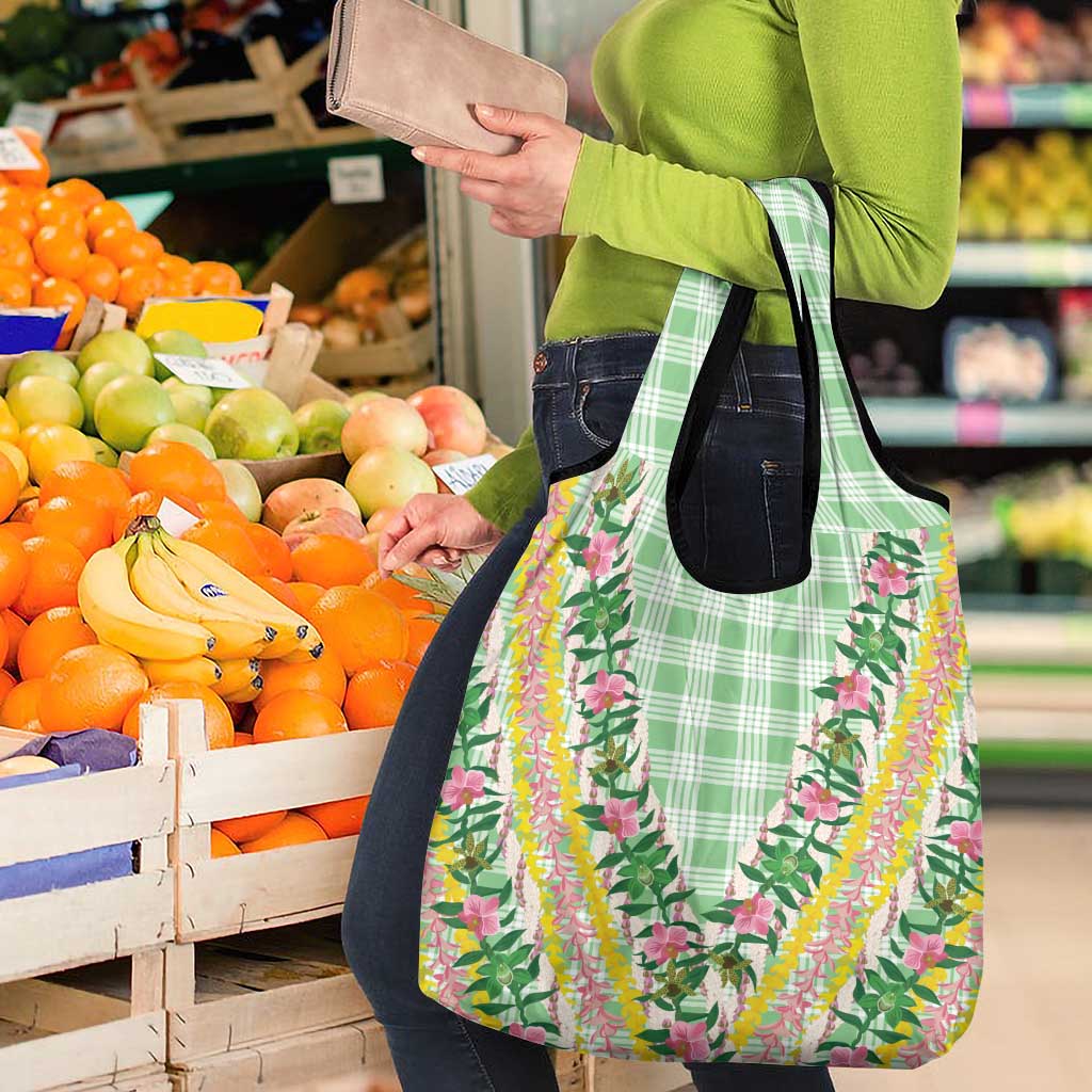 Hawaii Pikake Lokelani Plumeria Lei Grocery Bag Green Palaka Motifs