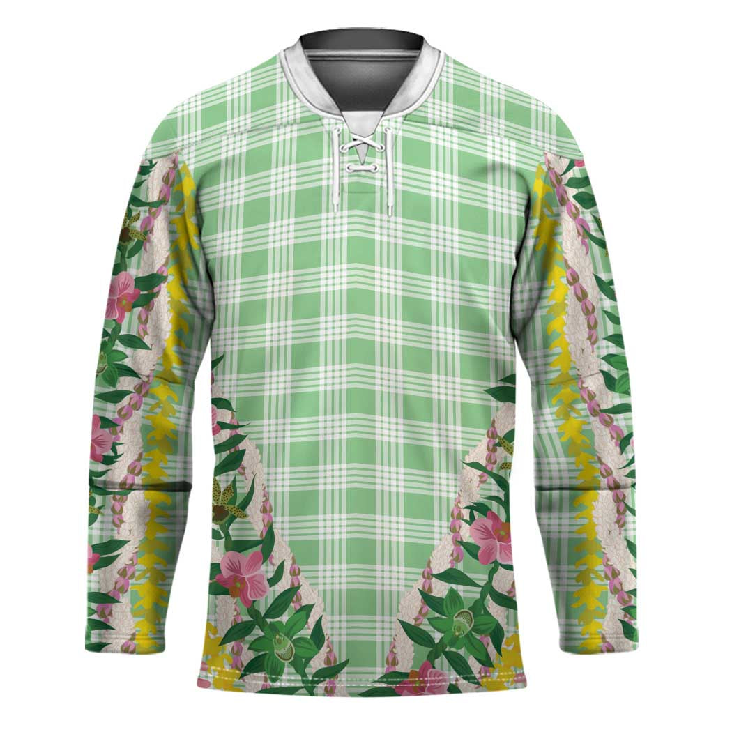 Hawaii Pikake Lokelani Plumeria Lei Hockey Jersey Green Palaka Motifs LT05 Unisex Green - Polynesian Pride