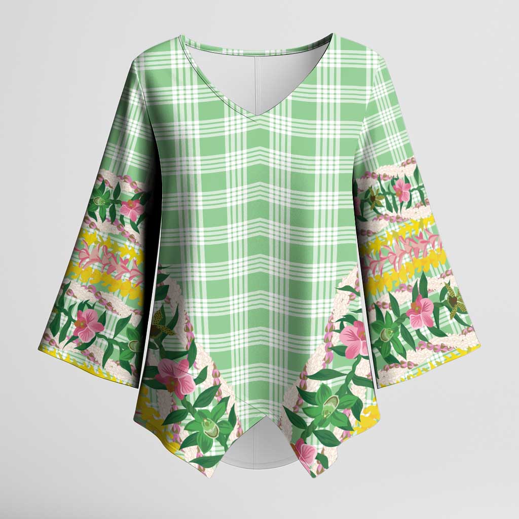 Hawaii Pikake Lokelani Plumeria Lei Kimono Sleeve Blouse Green Palaka Motifs LT05 Female Green - Polynesian Pride
