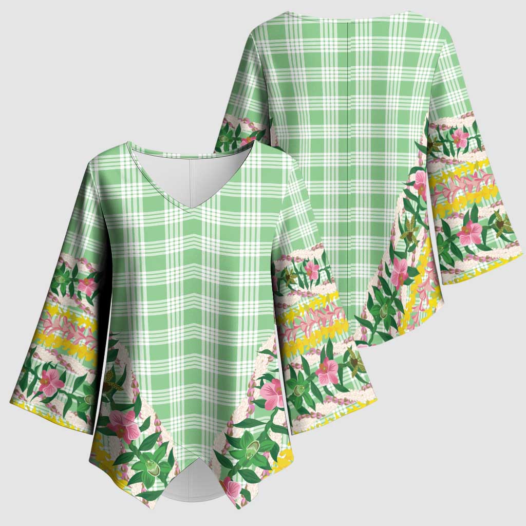 Hawaii Pikake Lokelani Plumeria Lei Kimono Sleeve Blouse Green Palaka Motifs LT05 - Polynesian Pride
