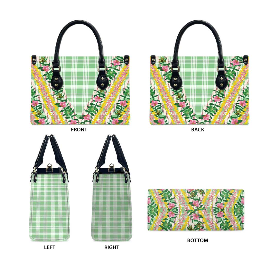 Hawaii Pikake Lokelani Plumeria Lei Leather Bag Green Palaka Motifs LT05 - Polynesian Pride