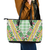Hawaii Pikake Lokelani Plumeria Lei Leather Tote Bag Green Palaka Motifs LT05 - Polynesian Pride