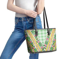 Hawaii Pikake Lokelani Plumeria Lei Leather Tote Bag Green Palaka Motifs LT05 - Polynesian Pride