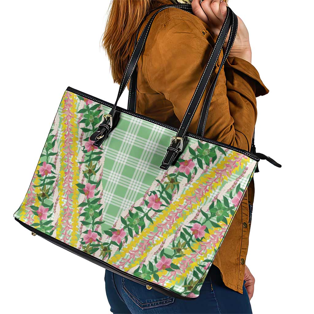 Hawaii Pikake Lokelani Plumeria Lei Leather Tote Bag Green Palaka Motifs LT05 - Polynesian Pride