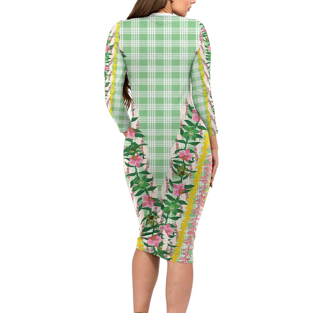 Hawaii Pikake Lokelani Plumeria Lei Long Sleeve Bodycon Dress Green Palaka Motifs