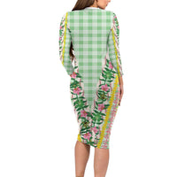 Hawaii Pikake Lokelani Plumeria Lei Long Sleeve Bodycon Dress Green Palaka Motifs