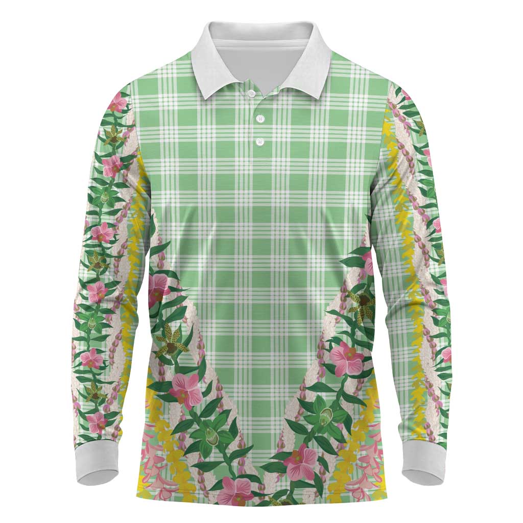 Hawaii Pikake Lokelani Plumeria Lei Long Sleeve Polo Shirt Green Palaka Motifs