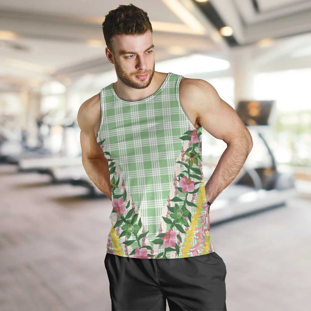 Hawaii Pikake Lokelani Plumeria Lei Men Tank Top Green Palaka Motifs LT05 Green - Polynesian Pride