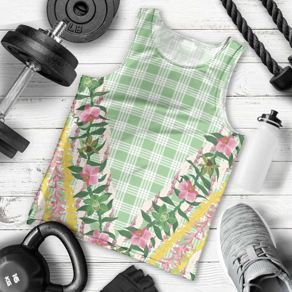 Hawaii Pikake Lokelani Plumeria Lei Men Tank Top Green Palaka Motifs LT05 - Polynesian Pride
