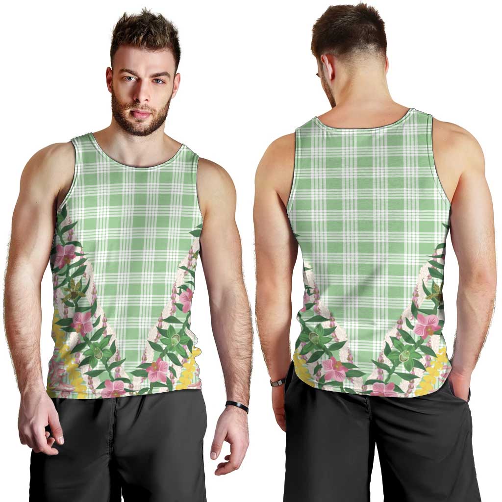 Hawaii Pikake Lokelani Plumeria Lei Men Tank Top Green Palaka Motifs LT05 - Polynesian Pride