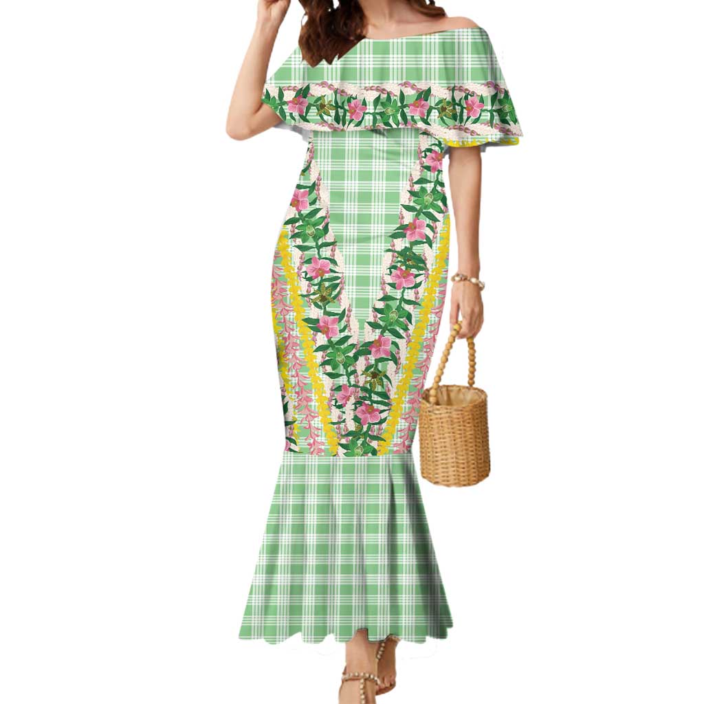 Hawaii Pikake Lokelani Plumeria Lei Mermaid Dress Green Palaka Motifs LT05 Women Green - Polynesian Pride