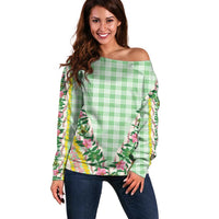Hawaii Pikake Lokelani Plumeria Lei Off Shoulder Sweater Green Palaka Motifs LT05 Women Green - Polynesian Pride