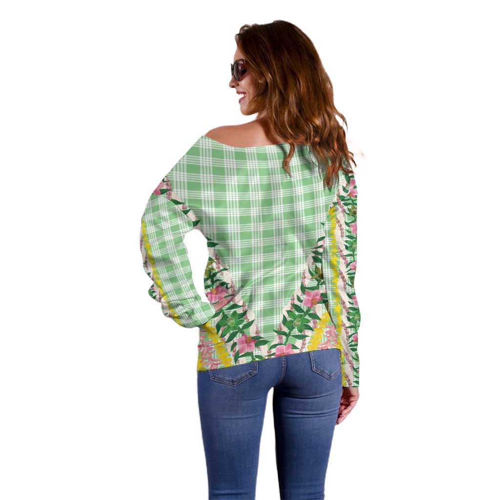 Hawaii Pikake Lokelani Plumeria Lei Off Shoulder Sweater Green Palaka Motifs LT05 - Polynesian Pride